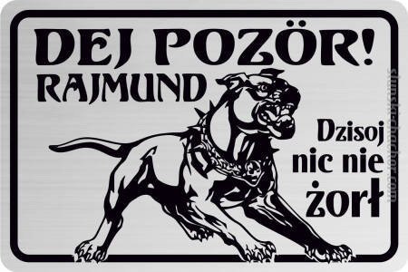 Dej pozor Rajmund dzisioj nic nie żorł ...  Śląska tabliczka personalizowana z grawerem Laminat srebrny na płot - Pies ( imię twojego psa) - 20x13 cm